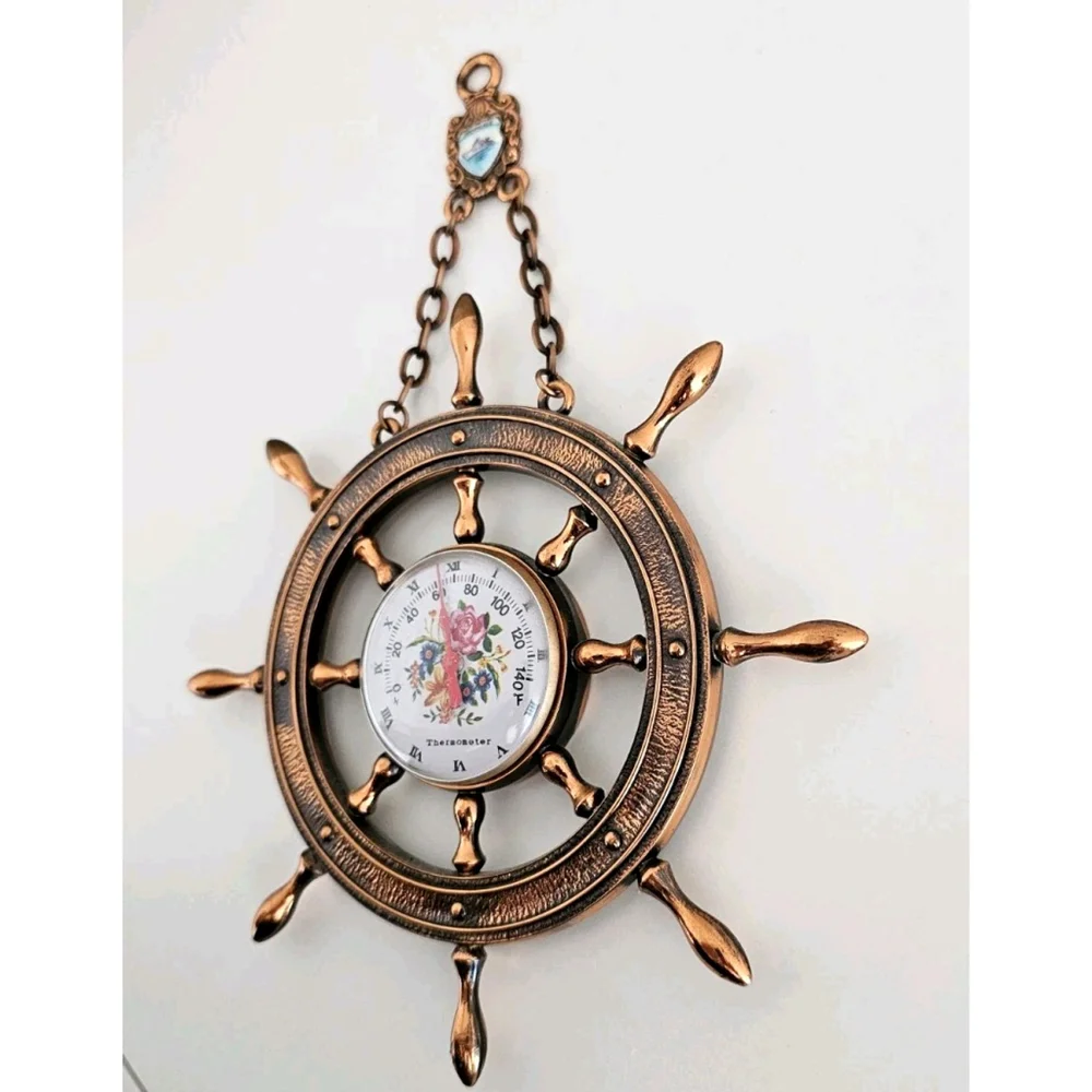 VTG Decorative Ship's Wheel Thermometer with Floral Dial and 